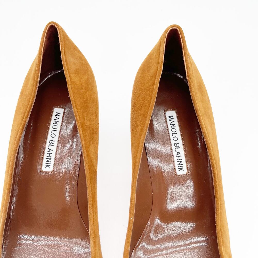 Manolo Blahnik Maysale Camel Tan Suede Buckle Pointed Toe Kitten Heels IT 40.5 - Picture 7 of 10